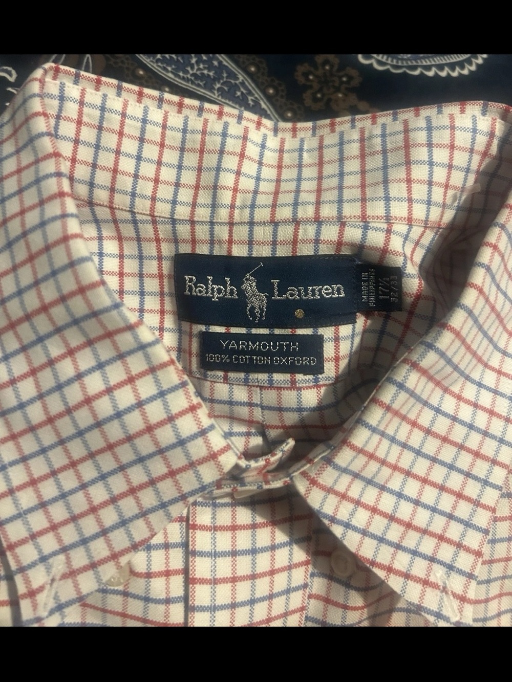 Ralph Lauren 17 1/2-32/33 Mens Short Sleeve Oxford Dress Shirt Red & Blue Plaid